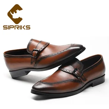

SIPRIKS Mens Genuine Leather Slip On Dress Shoes With Buckle Elegant Black Brogues Shoes Square Toe Business Office Gents Shoes