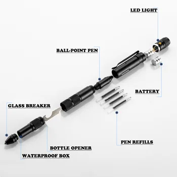 Multi Function Military Defense Tactical Pen Emergency Flashlight Strobe Bottle Opener Glass Breaker Waterproof Storage