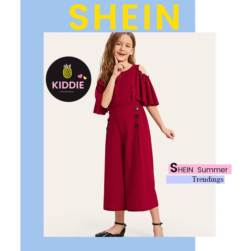 SHEIN/детский однотонный повседневный комбинезон с открытыми плечами и пуговицами сбоку для девочек; коллекция года; сезон лето; свободные длинные Комбинезоны на молнии с рукавами-воланами