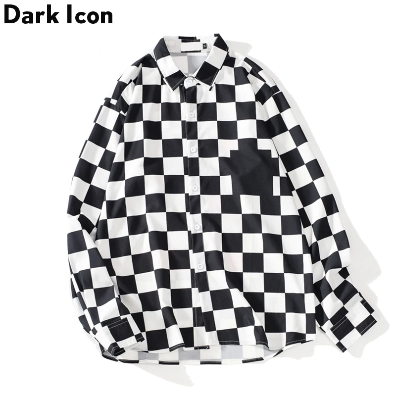 Goede Dark Icoon Interessante Print Plaid Mannen Shirts 2019 Herfst Oversized Lange Mouwen Geruite Shirts Streetwear Hipster Shirts