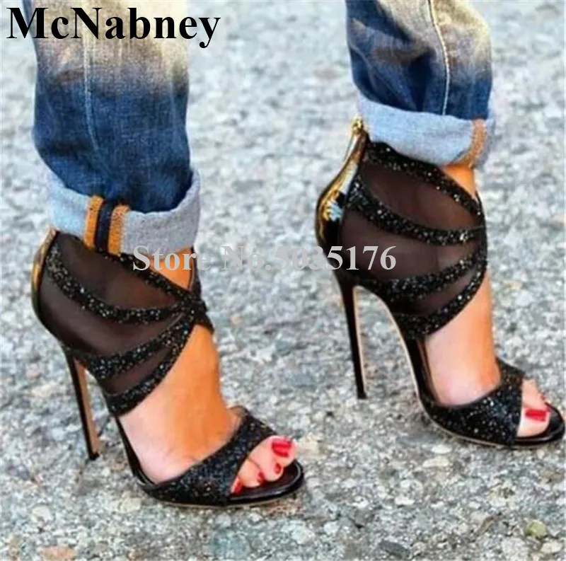 

2019 European New Fashion Sequined Bling Bling Peep Toe Stiletto Heel Sandals High Thin Heel Zip Sandals Cover Heel Women Shoes