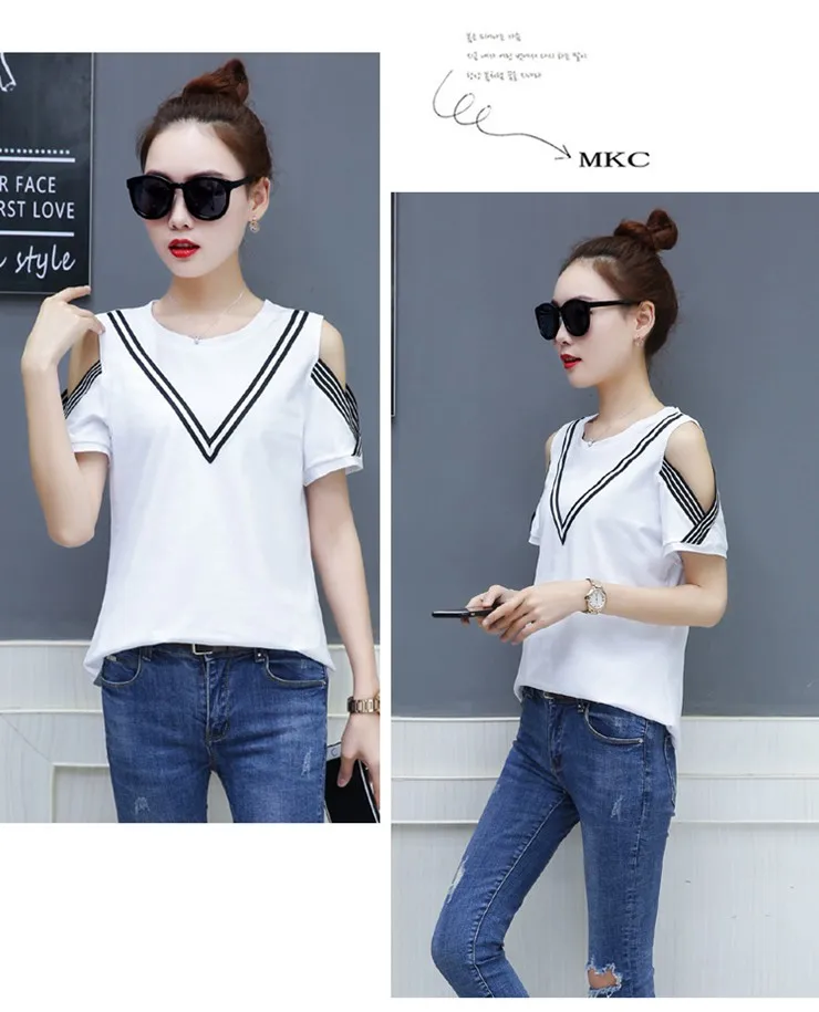 Casual T-shirts Women 2018 Fashion Patchwork Tops Tees Femme Short Sleeve Open Shoulder Tshirts Femininas Poleras Mujer (6)