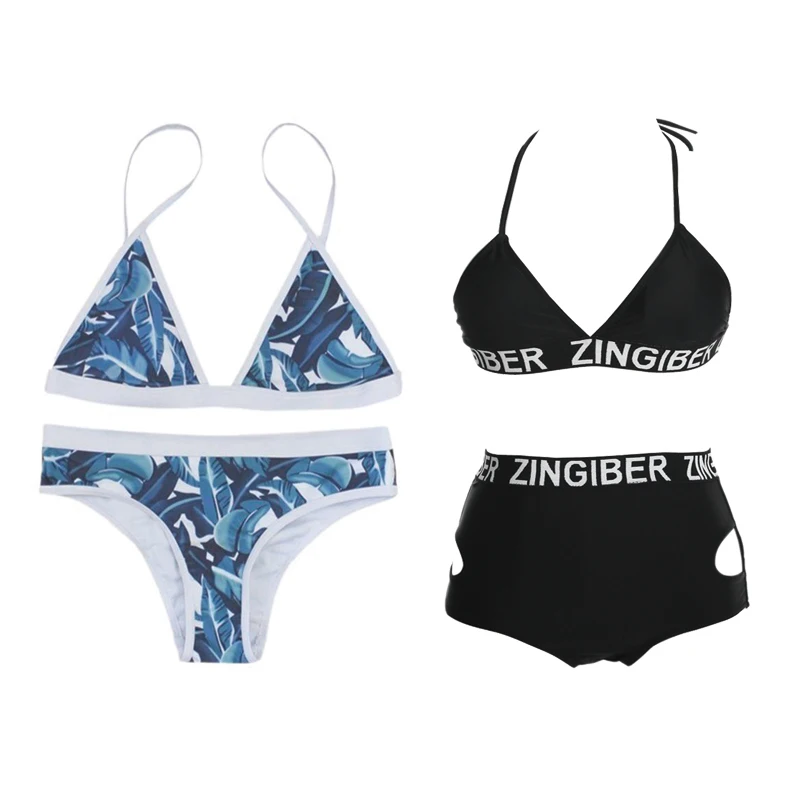 

2019 Sexy Women Bikini Set Halter Tie Padded Backless Leaves Printed Beach Split Two Piece Bathing Swimsuit Beachwear Biquini