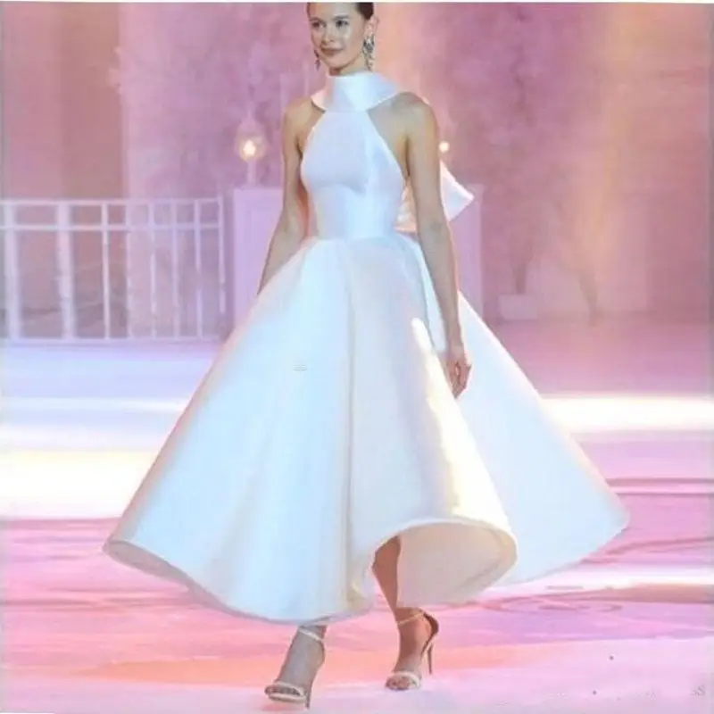 Vestido de moda para cóctel, novedad de primavera 2019, cuello alto, satén, corte en A, vestidos de fiesta Formal sin respaldo, hasta el tobillo|Vestidos de cóctel| - AliExpress