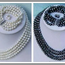 Натуральное черный белый жемчуг Akoya культивированный выбор цвета 4 ряда ожерелье браслет серьги 2 комплекта слово