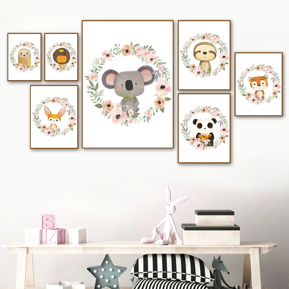 

Wall Art Canvas Painting Flower Koala Lion Panda Tiger Sloth Cartoon Nordic Posters And Prints Wall Pictures For Kids Room Decor