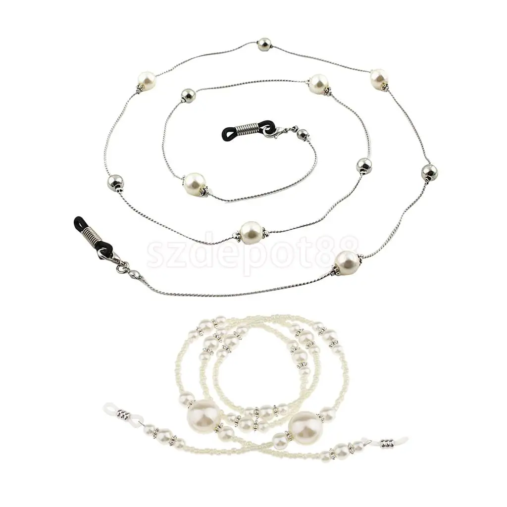 2pcs Sunglasses Chain Reading White Beaded Pearl Glasses Chain Eyewear Neck Lanyard Non-Slip Eyeglasses Holder Strap 