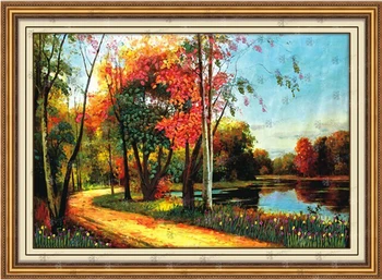 

Needlework,DIY Ribbon Cross stitch Set for Embroidery kit,Gold lake flower tree love ribbon Cross-Stitch handwork scenic wedding