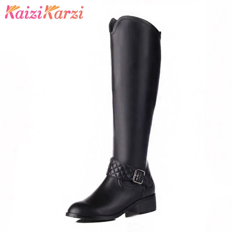

KaiziKarzi Genuine Leather Round Toe Knee Boots Woman Square Heel Zipper Botas New Knight Boots Woman Shoes Size 33-46 N00188