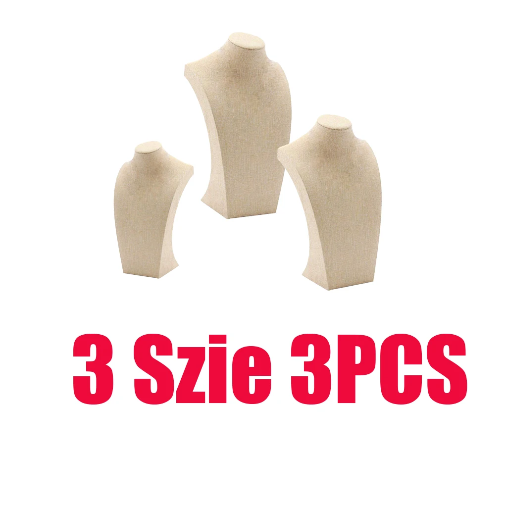 3 Pcs Linen Wooden Necklace Display Bust Stand Mannequin - Jewelry Holder for Necklaces Chain, Choker, Pendant - Beige