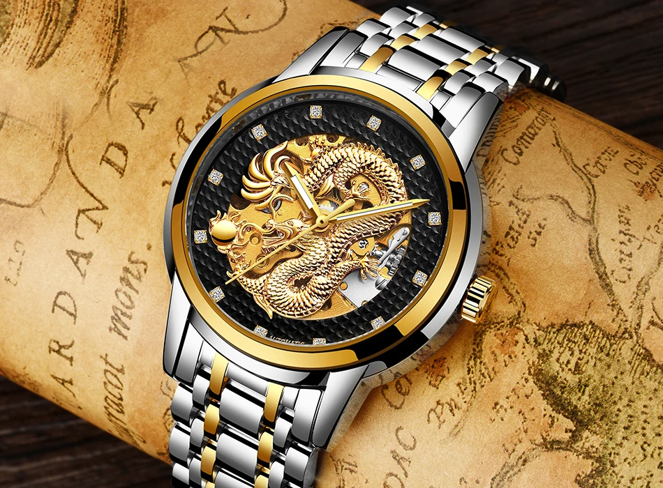 LIGE автоматические механические золотые мужские часы с драконом, мужские часы в китайском стиле, мужские водонепроницаемые часы из нержавеющей стали
