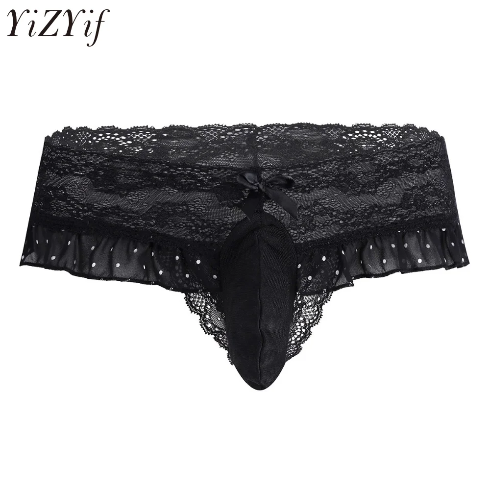 

Mens Open Butt Thong Lingerie Lace Polka Dots Sissy Sexy Jockstraps String Homme Gay Panties Bulge Pouch Bikini Brief Underwear