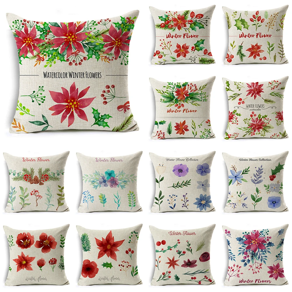 

Decorative Nordic Winter Flowers Cushion Cover Cotton Throw Pillows Geometric Home Decor Chair Pillow case for Sofa Conjines