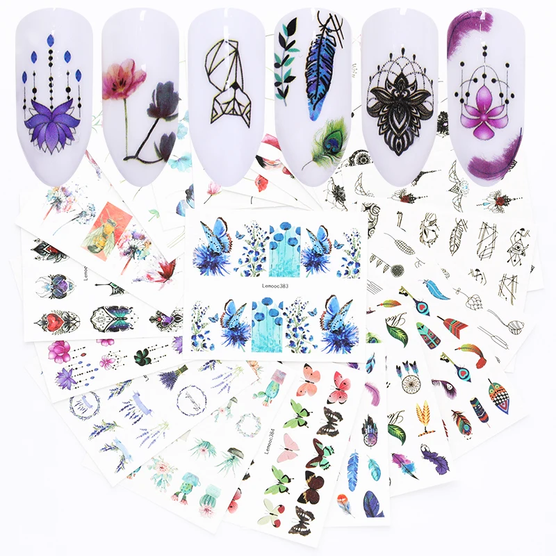 

LEMOOC 20 Sheets Watermark Slider Nail Stickers Decal Water Transfer Flowers Butterfly Necklace Designs DIY Nail Art Decorations