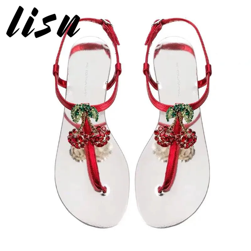 

LISN New Genuine Leather Cherry Summer Sandals Open Toe Crystal Floral Ladies Flats Sandals Shoes Women
