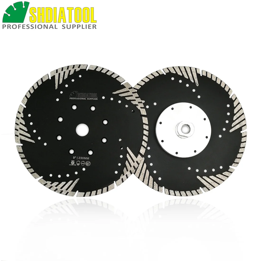 Lâminas de Diamante para Pedra Prensado a Quente Lâmina de Corte de Concreto Slant com Dentes de Proteção Shdiatool & Flange M14 Turbo Dia 230mm – 9