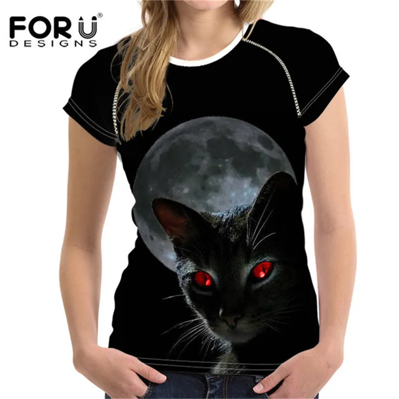 

FORUDESIGNS Black Cat Women Summer T-shirt Bodybuilding Short Sleeved Moon Light Female t shirt For Ladies Shirts Woman Tops