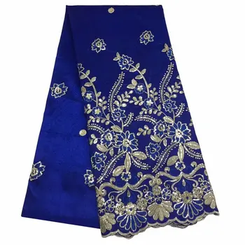 

African George Lace Indian Design Blue Nigerian Wedding Dress Tissu Sequined Gold Line Embroidered Guipure Lace Silk Fabrics