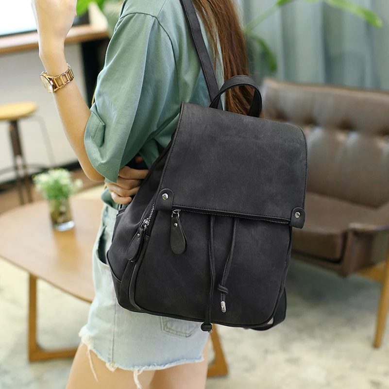 

Simple Style Backpack Women Leather Backpacks For Teenage Girls School Bags Fashion Vintage Solid Black Shoulder Bag mochilas