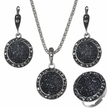 ZOSHI Vintage Gem Jewelry Set Fashion Women Jewelry Sets Antique Crystal Round Stone Pendant Necklace Sets 3Pc
