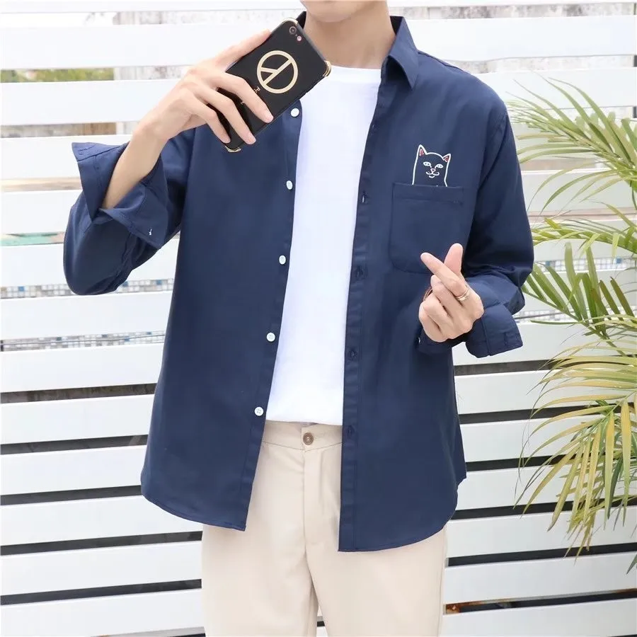 Fashion Lovers Shirt Men's Pocket Cat Cute Pet Long Sleeve Literary Autumn And Winter Wear | Мужская одежда