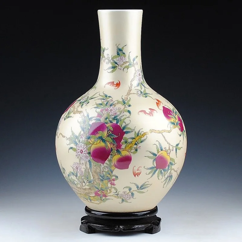 

Ancient Style Artistic Porcelain Traditional Chinese Elegant Tabletop Vase with Light Golden Based Peach Painting ZDV-M005TQ