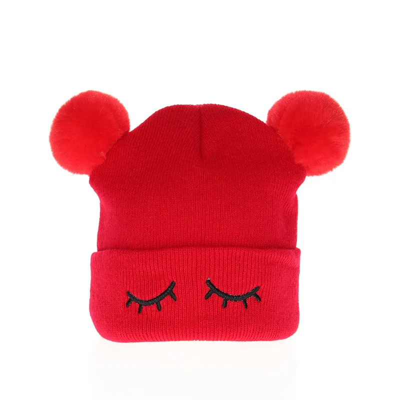 Детская шапка-помпон для детей, Вязаная Шапка-бини для мальчиков и девочек, теплые шапки с ресницами, Детские Зимние шапочки, мягкие вязаные шапочки - Цвет: Red