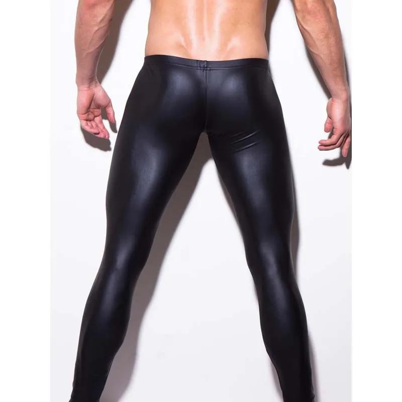 Низкая талия U выпуклая сумка сексуальные узкие брюки для мужчин ночной клуб одежда мужские блестящие полиуретановые леггинсы из