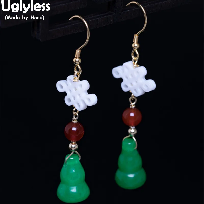 Uglyless 100% Real 925 Sterling Silver Shell China Knot Earrings Women Gourd Jade Ethnic Fine Jewelry Vintage Brincos | Украшения и
