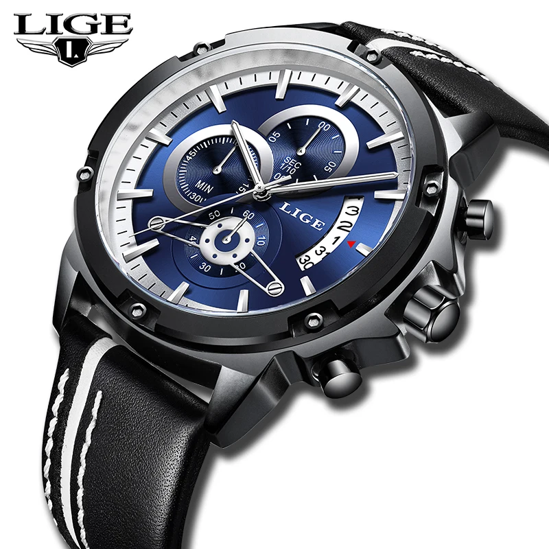 

LIGE Mens Watches Fashion Sport Men'sTop Brand Luxury Watch Men Leather Waterproof wrist watch Quartz Clock Relogio Masculino