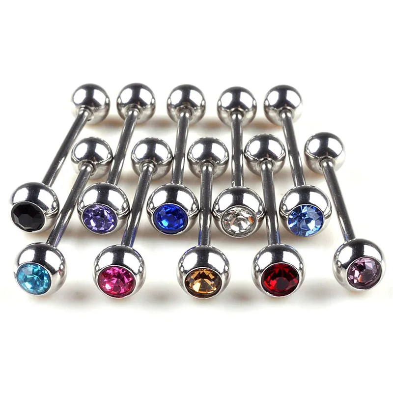 Chic 10pcs Crystal Ball Tongue Bars Ring Barbell Piercing Stainless