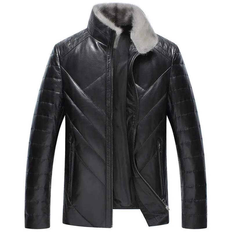 AYUNSUE Новая роскошная зимняя мужская кожаная куртка, толстый теплый пуховик, норковый меховой воротник, верхняя одежда, пальто из овчины LWL1072 - Цвет: black