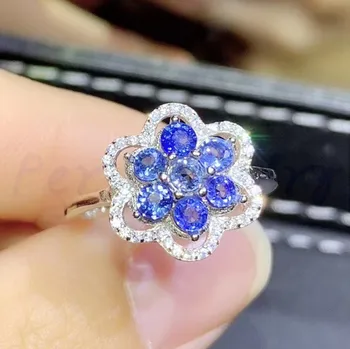 

Natural real blue sapphire flower ring 0.15ct*7pcs gemstone Free shipping 925 sterling silver Fine jewelry J1931008