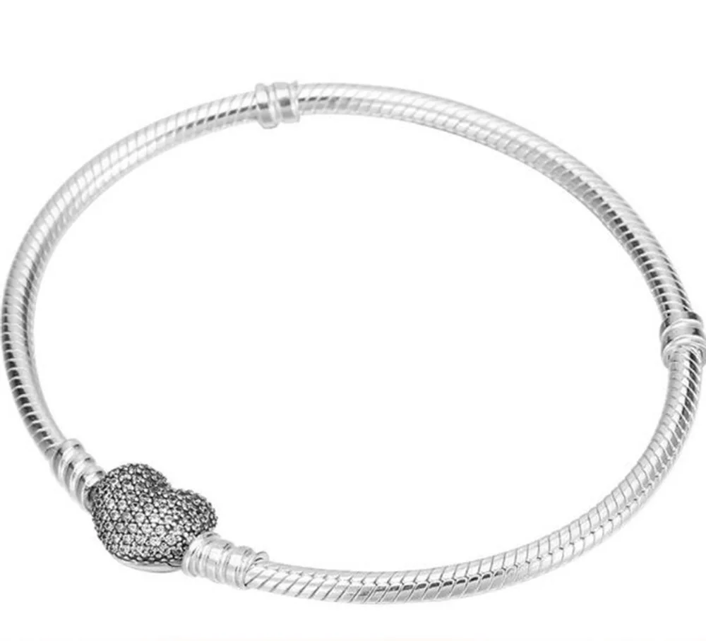 

New 100% 925 Sterling Silver Bracelet Silver/Rose Gold Pave Heart Clasp Bracelet Fit European Charms Diy Jewelry