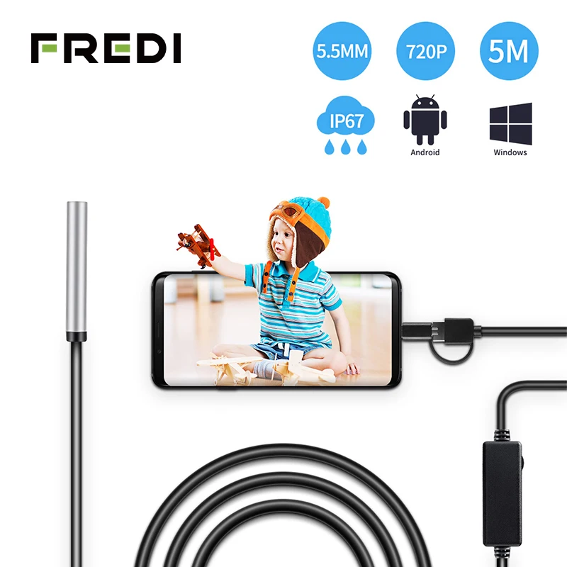

FREDI 5m 3 in 1 USB Mini Endoscope Endoscope Camera 5.5mm 1.0 Megapixels Waterproof Soft Cable Snake Tube Inspection Borescope