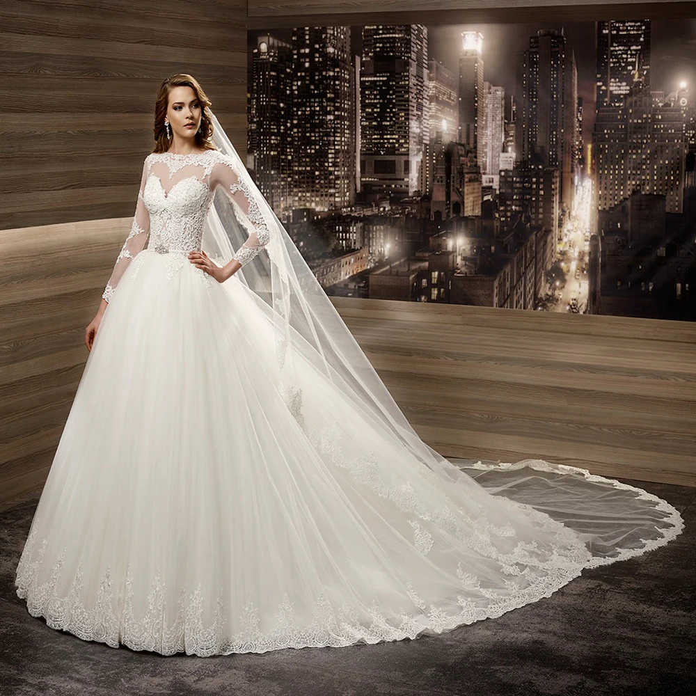 Long Sleeve Lace Wedding Gown Country Western Illusion Bodice Long Sleeve Lace Wedding Gown Country Western Illusion Bodice Ivory Bridal Dresses Ball Puffy Tulle Train Russian Z290 In From