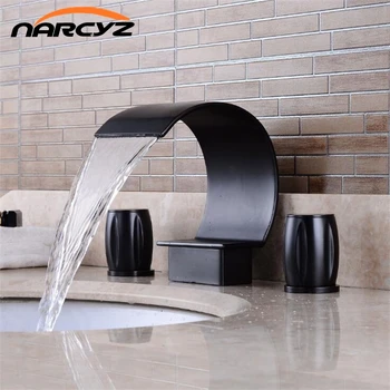 

Deck three hole Double Handles Bathroom waterfall faucet Black Finished three hole bathroom faucet Crane waterfall tap XR8219