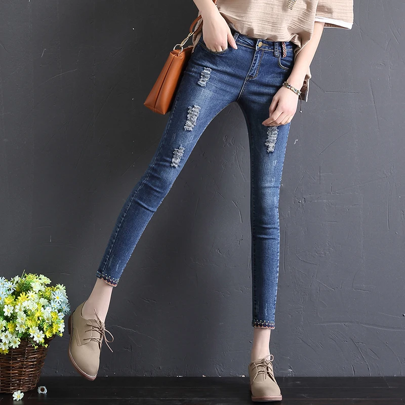 Новинка, женские Стрейчевые узкие эластичные рваные джинсы с высокой талией, обтягивающие женские брюки, женские брюки, дешево