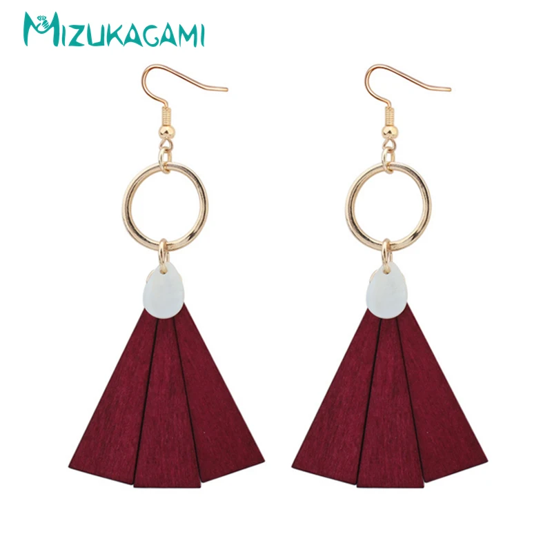 

MIZUKAGAMI Fashion Wood Triangle Handmade Shell Red Hollow Long Paragraph Exaggerated Drop Earrings Female Wedding Party Earring