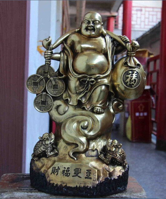 

free 16" Temple Copper Bronze Gild Lucky Money Coin Wealth Toad Maitreya Buddha Statue fast