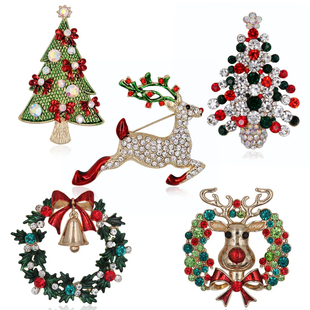 

Christmas Tree Crystal Rhinestone Brooch Pin Metal Enamel Elk Garland Santa Claus Sled Unisex Holiday Fashion Jewelry Gift