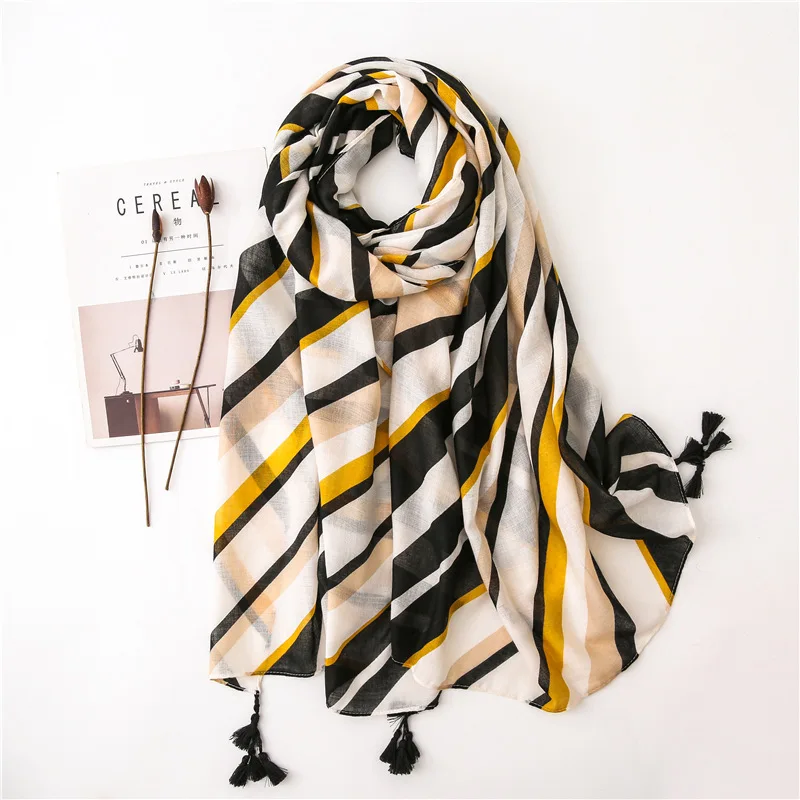 

Women Stripe Scarf Colorful Tassel Large Shawl Thin Soft Viscose Hijab Scarves for Female NEW [6617]