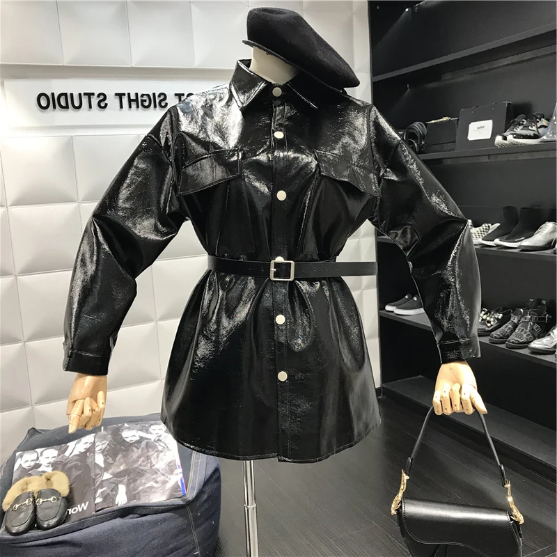 Модные брендовые Глянцевые лакированные кожаные куртки из искусственной кожи, Женская куртка в уличном стиле, однобортная Длинная кожаная куртка wq561