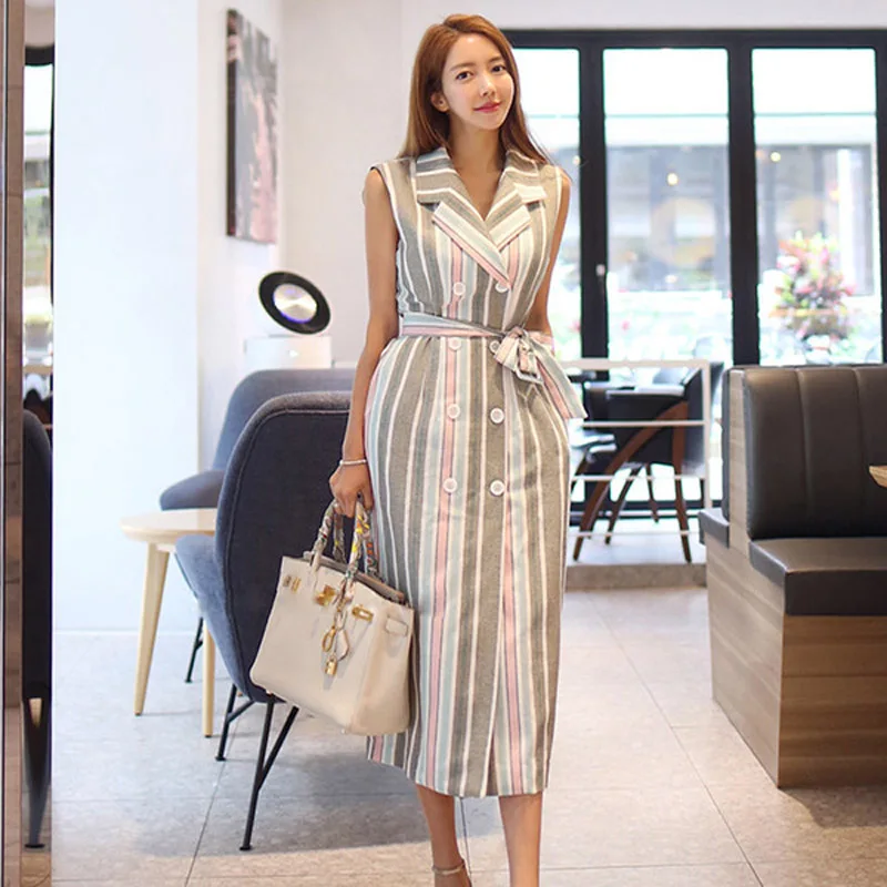 

2019 Women Sleeveless Blazer Long Dress Notched Collar Elegant Stripe Slim Double Breasted Suit Dress Offiice Ladies With Belt