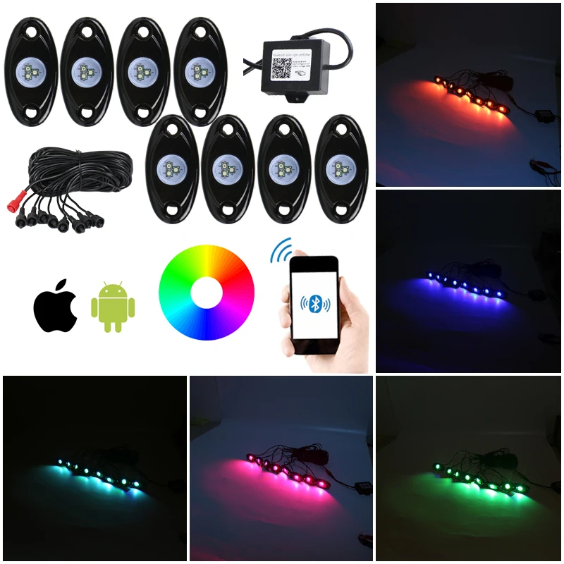 

8 Pods RGB Led Rock Lights W/ Bluetooth Controller Cell Phone Remote Control Multicolor Neon Led Light Kit For Timing Flashing