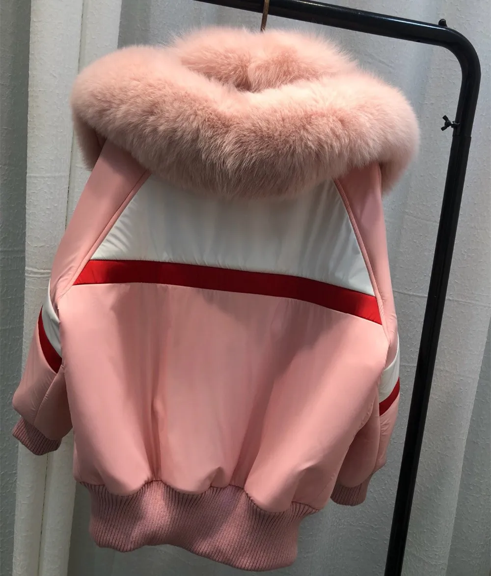 Bomber Jacket Women 2018 Large Natural Fox Fur Collar Short Parka Coat Female Pink Thick Warm Real Fur Winter Coats Women Bomber Jacket Women 2018 Large Natural Fox Fur Collar Short Parka Coat Female Pink Thick Warm Real Fur Winter Coats Women
