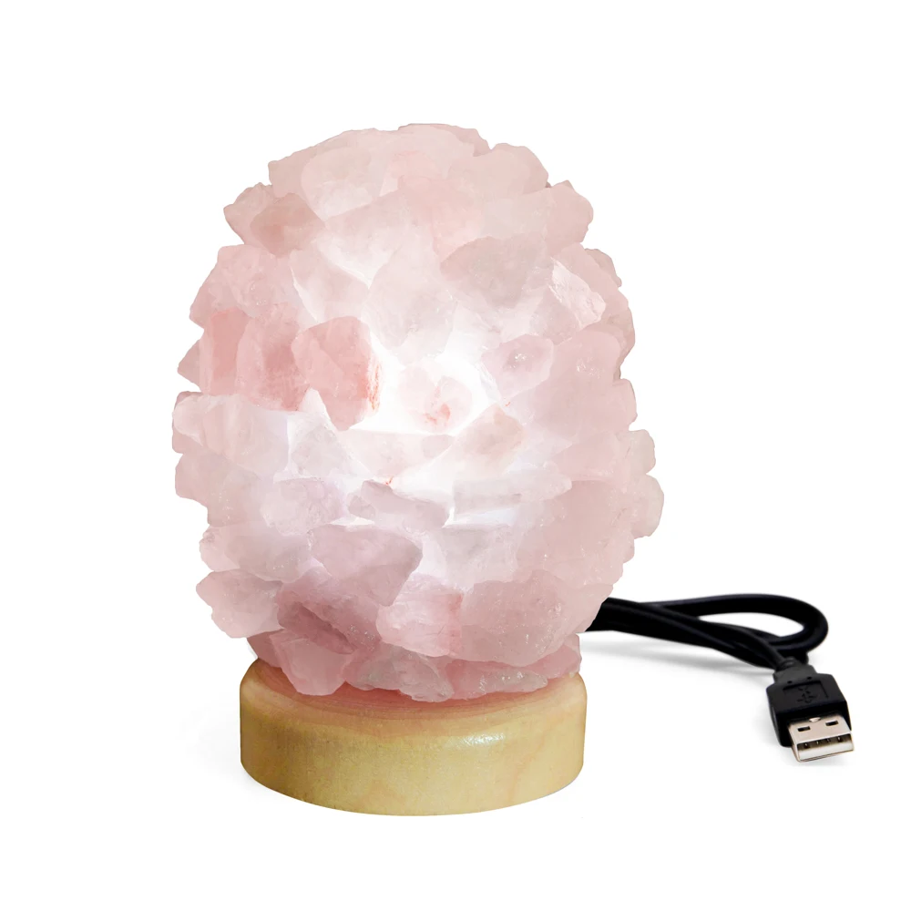 Кристалл USB розовый КВАРЦЕВЫЙ светильник, натуральный светодиодный комнатный теплый светильник, настольная лампа для спальни на деревянной основе, декоративная лампа