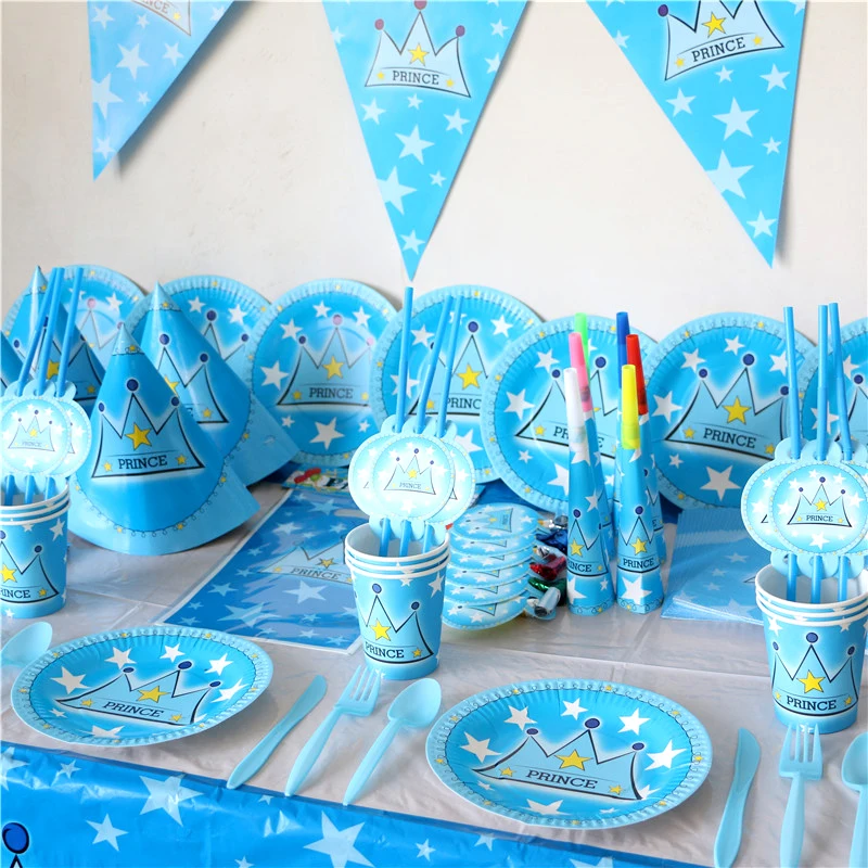 244pcs\lot Luxury party set for 20 kids birthday party blue prince crown theme tablecloth baby