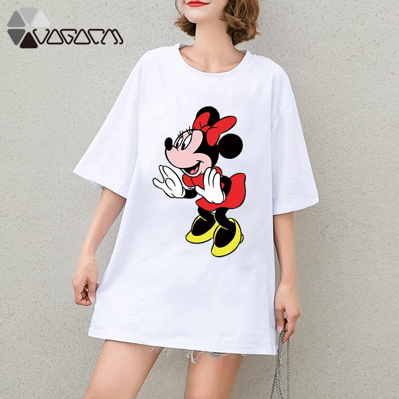 

New Summer Clothes For Women Minnie Mickey Mouse Print Cute Tee Short Sleeve Black Fashion Loose Cartoon Plus Size T Shirts Chic
