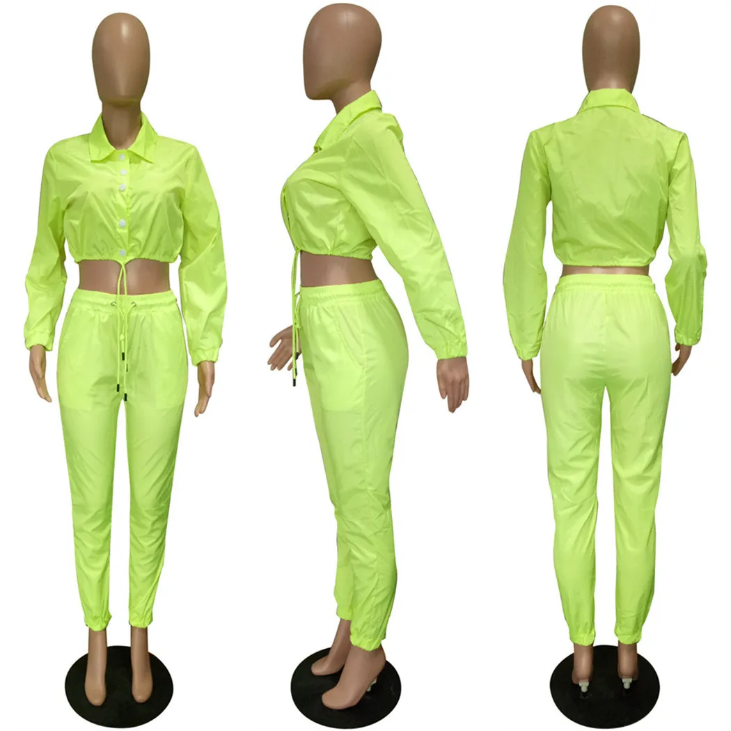 OMSJ 2021 New Neon Yellow Pink Two Piece Set Crop Top and Pants Tracksuit Sexy Casual Summer Clothes Spring Sweat Suits shorts co ord